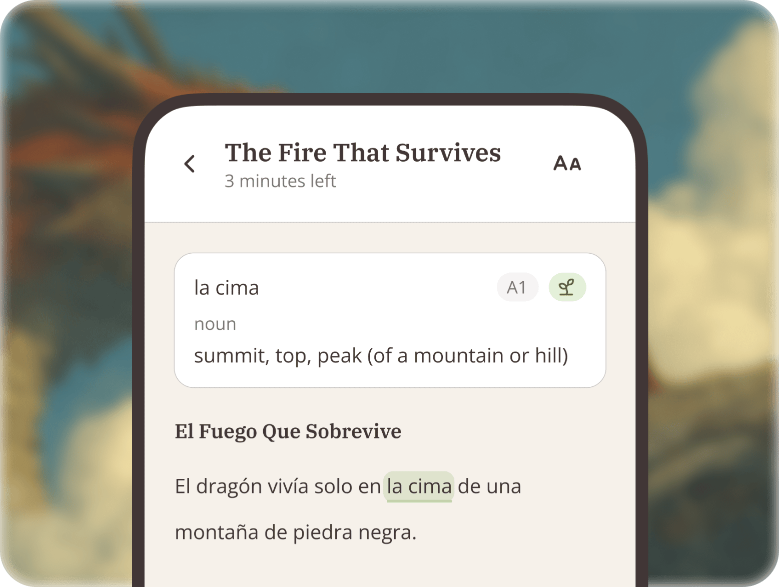 Lingofable app showing The Fire That Survives story with word definition popup