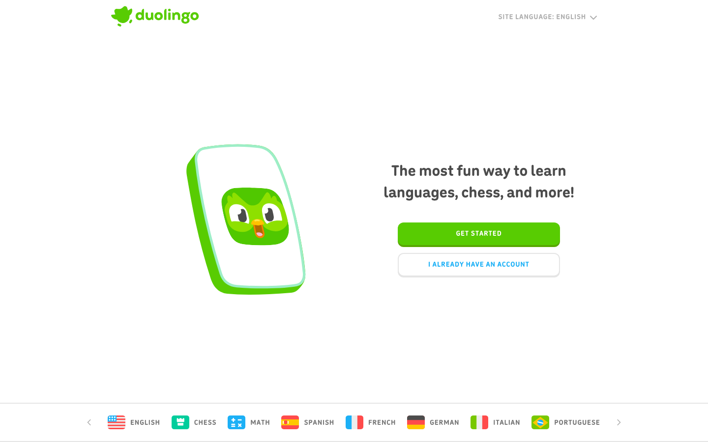 Duolingo homepage with the owl mascot and Get Started button