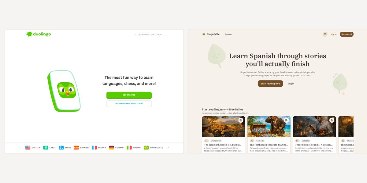 Duolingo and Lingofable side by side