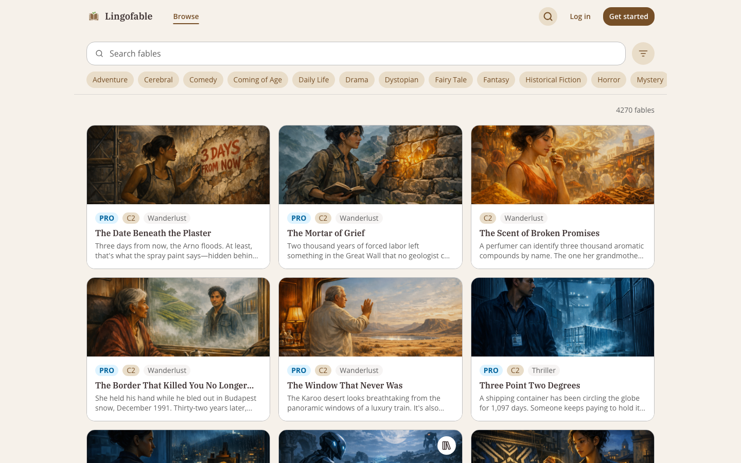 Lingofable browse page with thousands of Spanish stories filtered by CEFR level