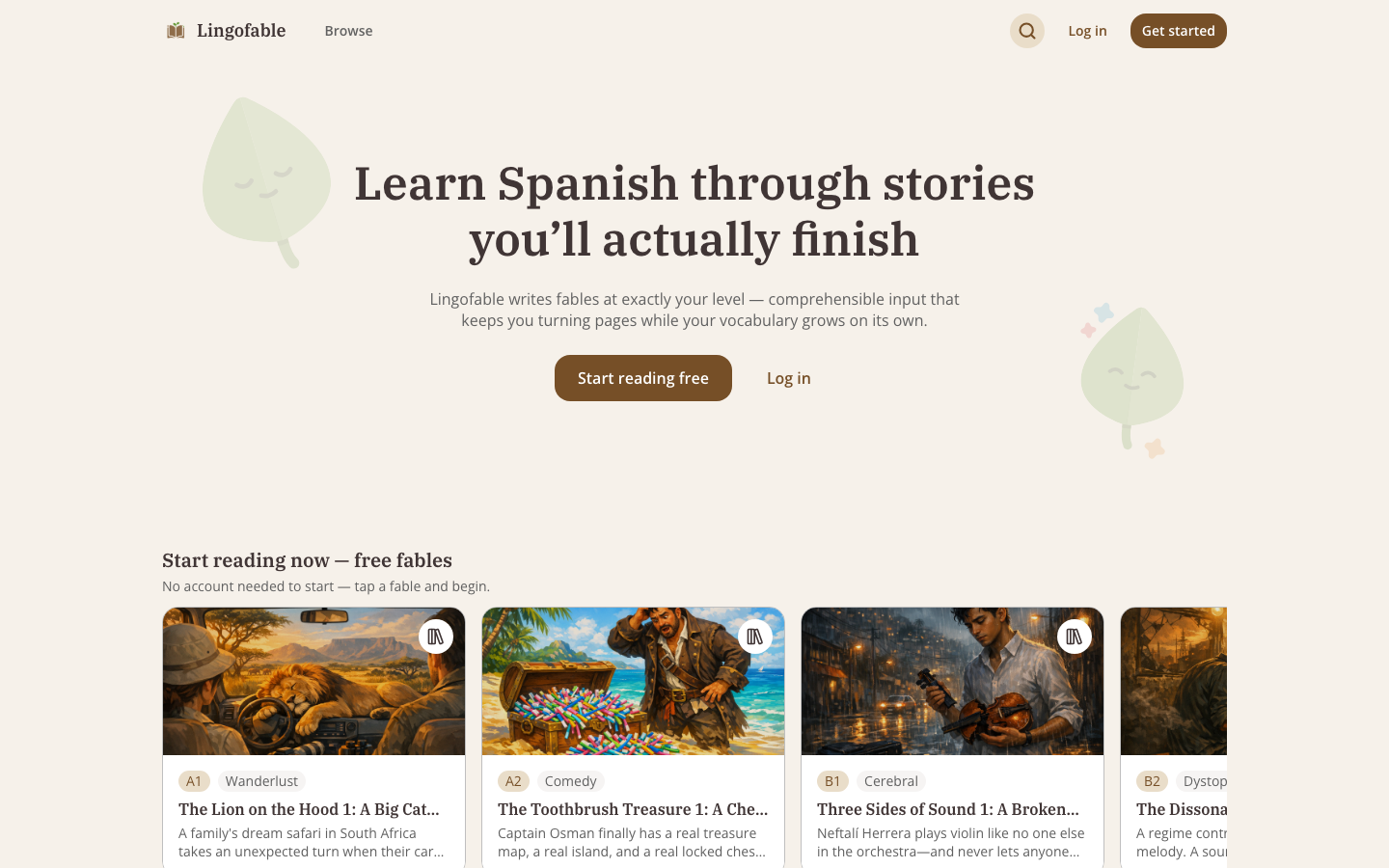Lingofable web app home page with free Spanish fables