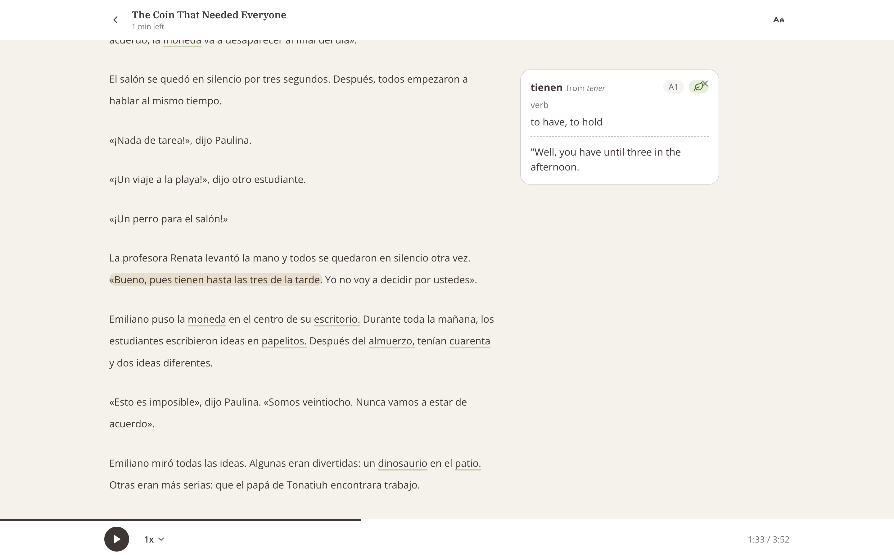 Lingofable web reader showing a Spanish story with a tapped word revealing its lemma, level, and sentence translation, with narration playing