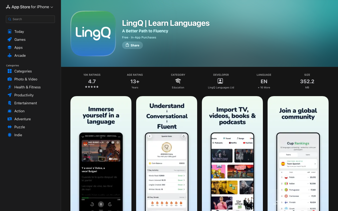 LingQ iOS App Store listing