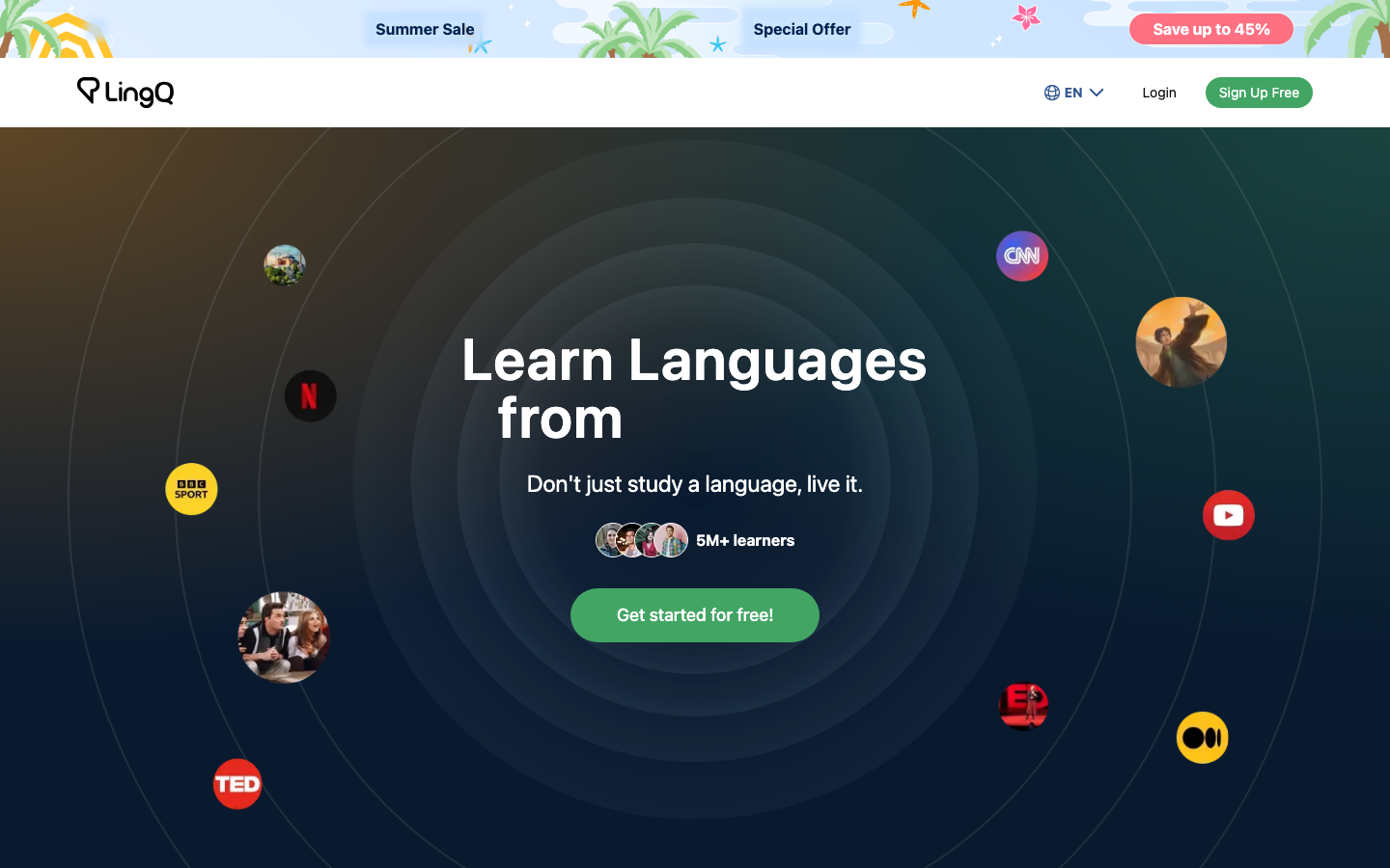 LingQ homepage advertising learning languages from Netflix, YouTube, BBC and TED content